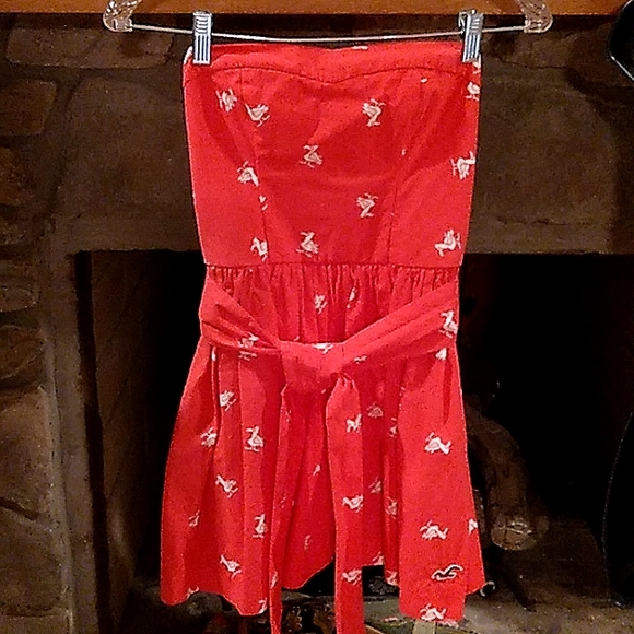 HOLLISTER BRIGHT HOT PINK CUTE SEAGULL PRINT STRAPLESS BELTED DRESS SZ.S - Picture 2 of 7